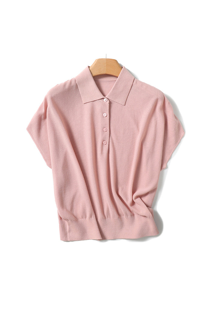 Casual Cinched Waist Short Sleeves Polo Shirt L / Cupcake Pink / 80% Viscose 20% Polyamide Fibflx