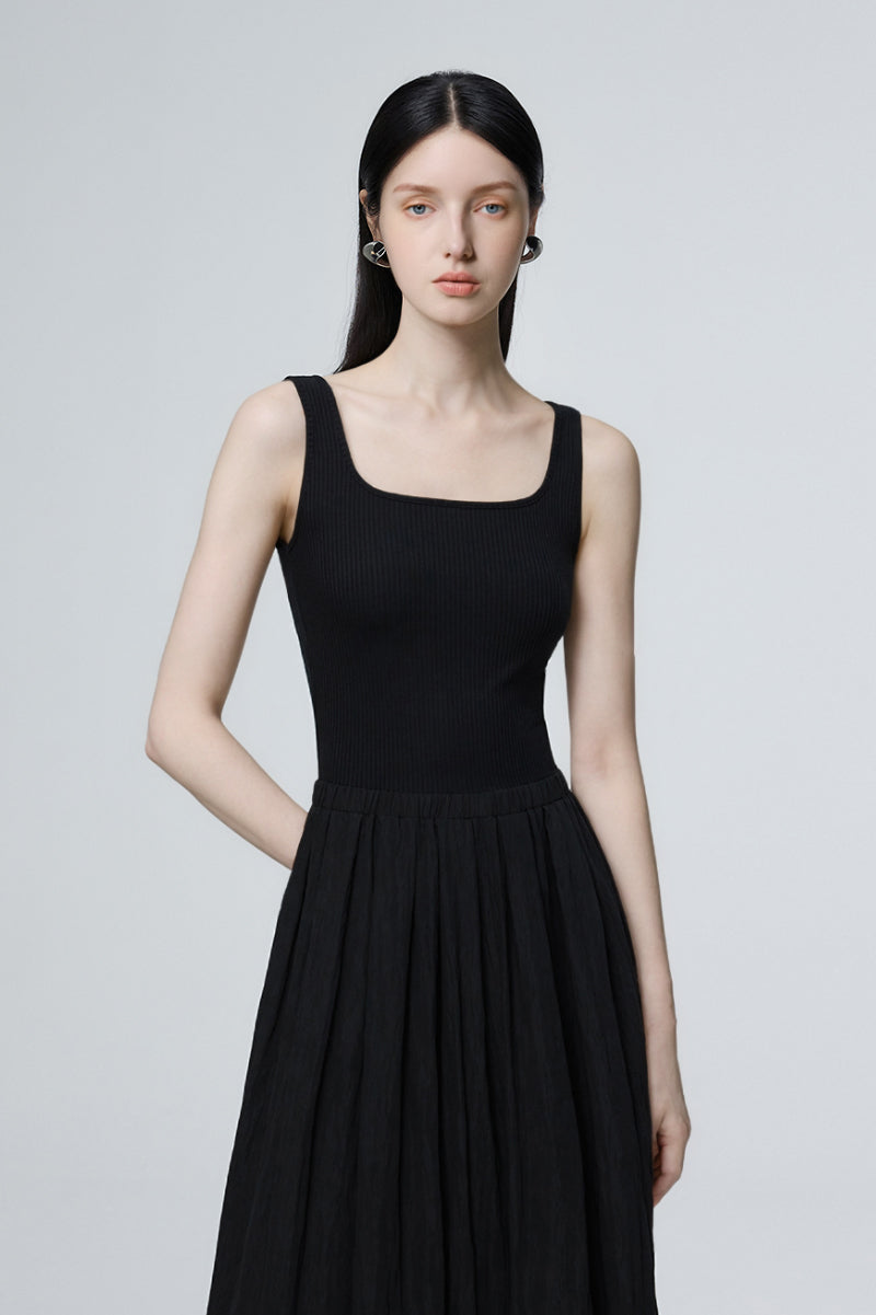 Casual Fit & Flare Ribbed Tank Maxi Dress XS / Black / 63% Viscose 27% Nylon 10% Spandex