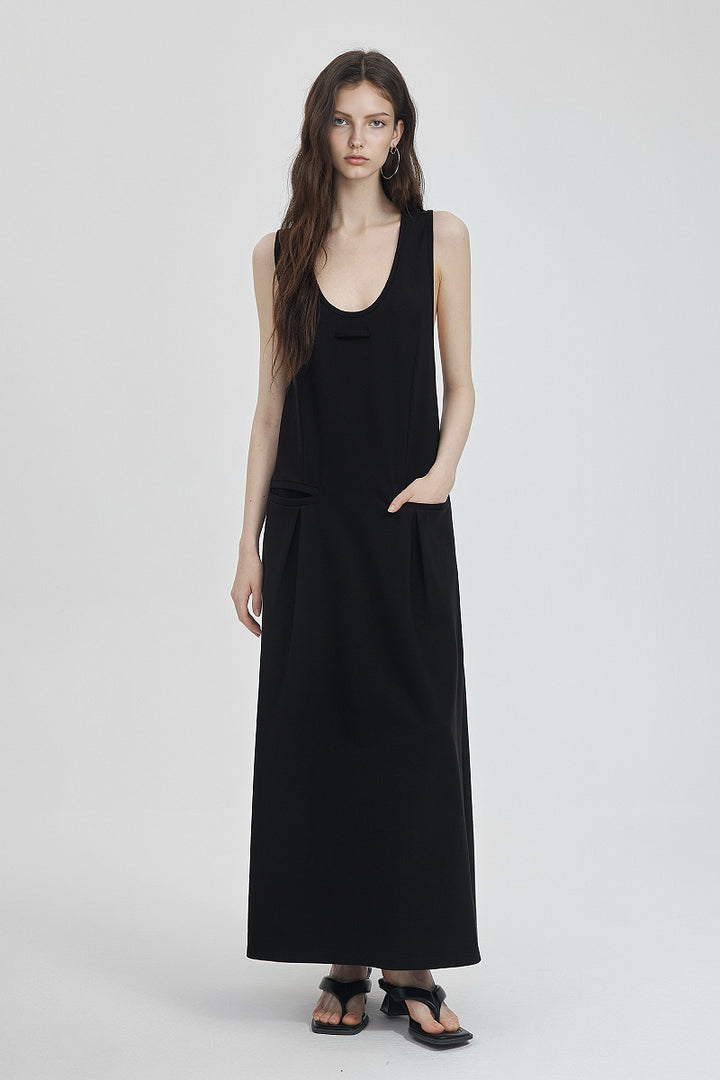Casual Sleeveless Maxi Tank Dress with Back Twist L / Mid Night Blue / 60% cotton 35% polyester 5% p Fibflx