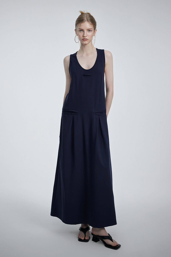Casual Sleeveless Maxi Tank Dress with Back Twist S / Mid Night Blue / 60% cotton 35% polyester 5% p Fibflx