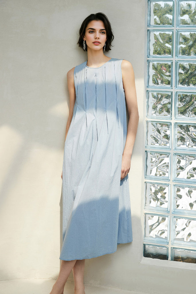 Causal Summer Pleat Textured Blue Tank Midi Dress M / Celestial Blue / 61% Cotton 39% Nylon Fibflx