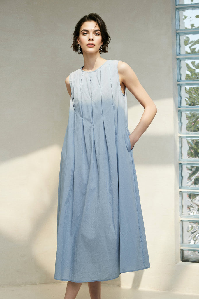 Causal Summer Pleat Textured Blue Tank Midi Dress  Fibflx