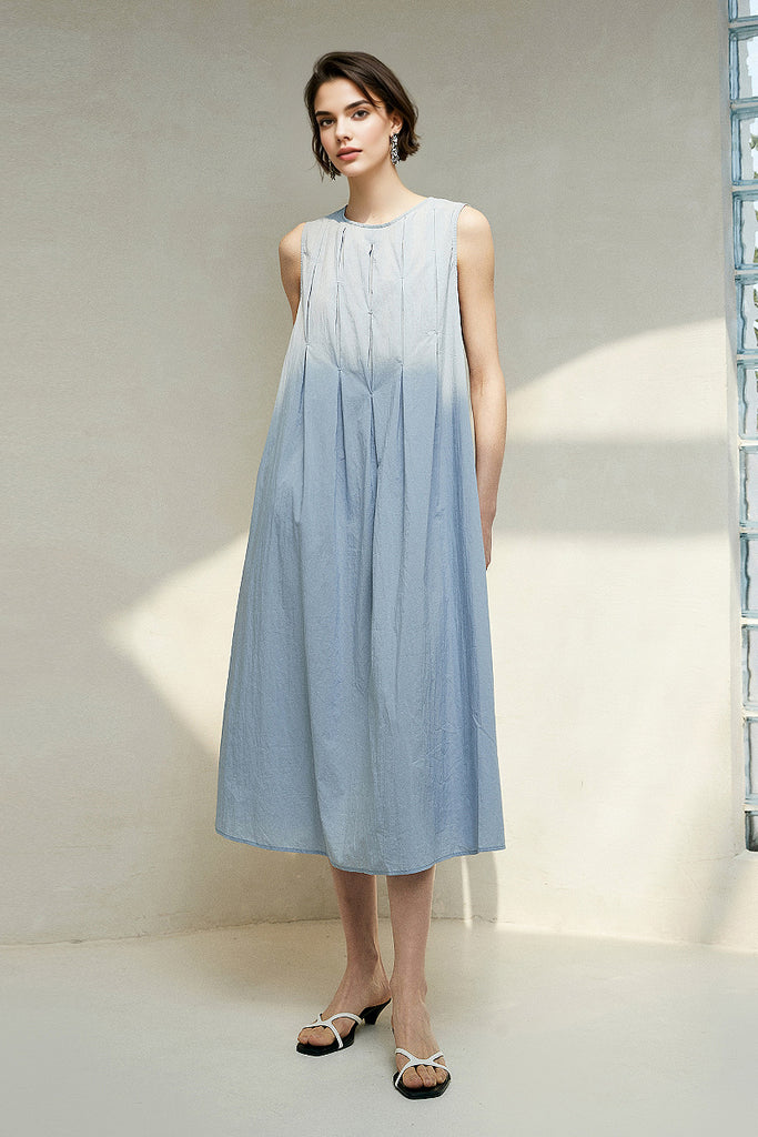 Causal Summer Pleat Textured Blue Tank Midi Dress  Fibflx