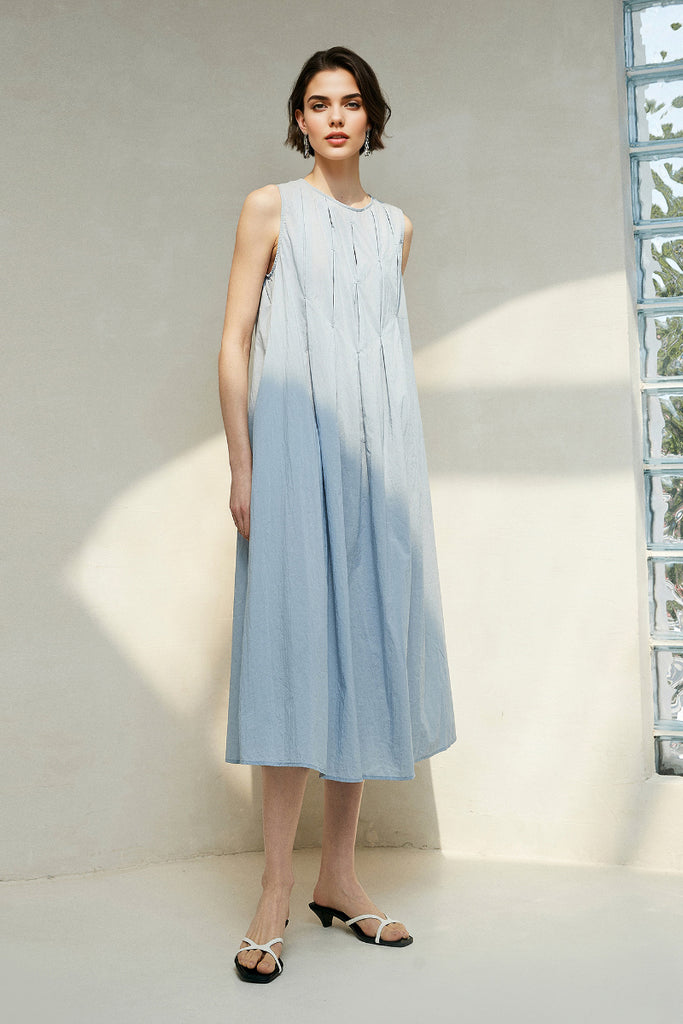 Causal Summer Pleat Textured Blue Tank Midi Dress  Fibflx