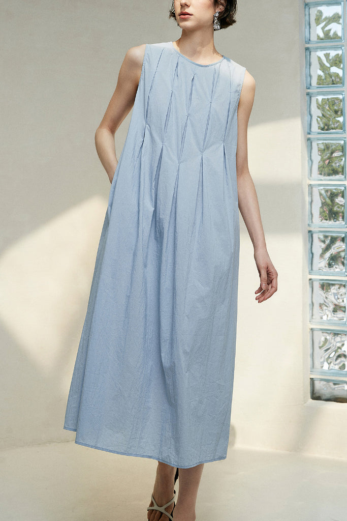 Causal Summer Pleat Textured Blue Tank Midi Dress  Fibflx
