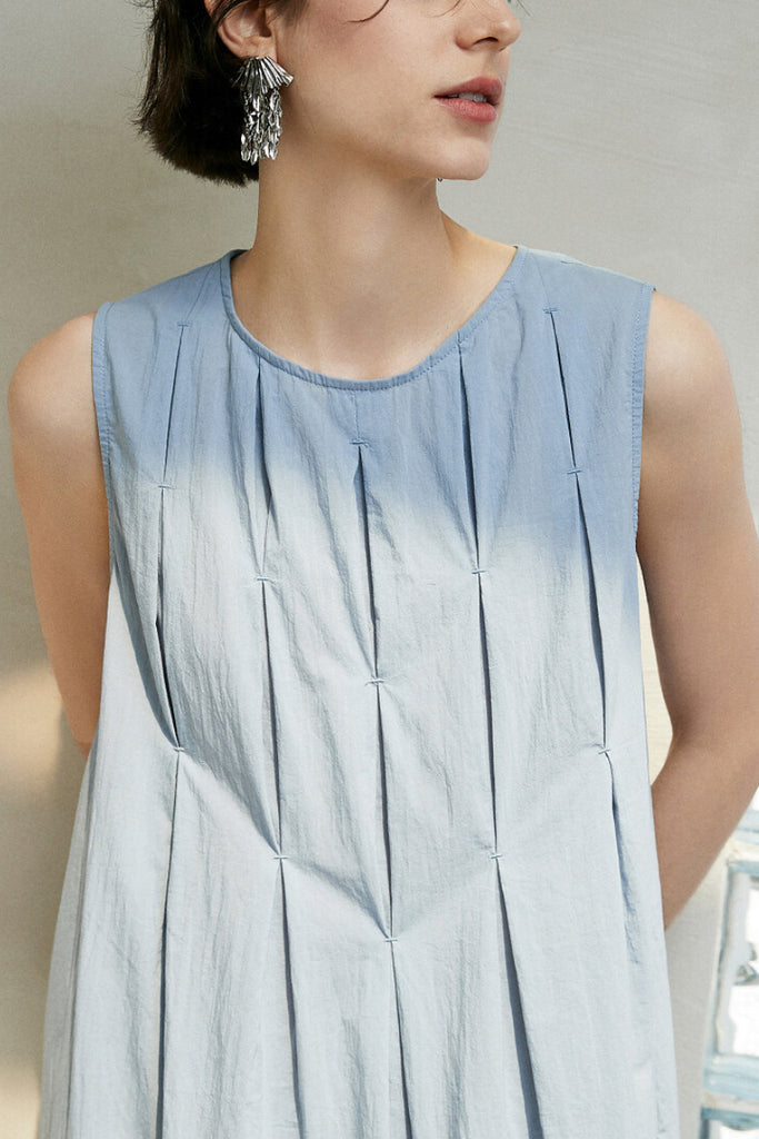 Causal Summer Pleat Textured Blue Tank Midi Dress  Fibflx