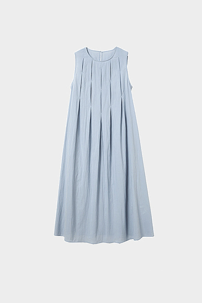 Causal Summer Pleat Textured Blue Tank Midi Dress  Fibflx