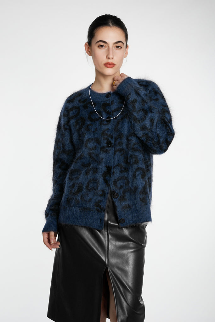 Chic Brushed Cashmere Leopard Print Cardigan Mid Night Blue / L / 100% Cashmere (Weight: 440g ( Fibflx