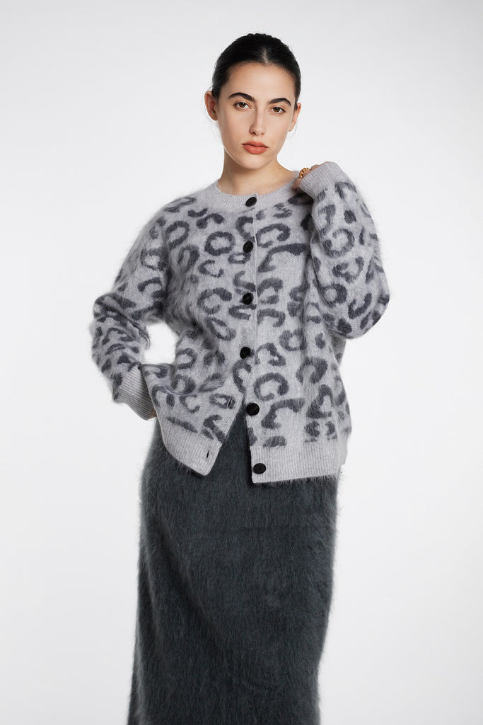 Chic Brushed Cashmere Leopard Print Cardigan Rhinestone Grey / L / 100% Cashmere (Weight: 440g  Fibflx