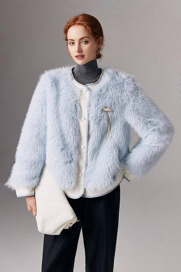 Fibflx Women's Chic Collarless Faux Fox Fur Jacket