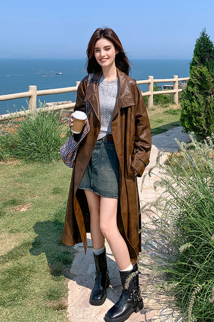 Chic Leather Stand-Collar Belted Trench Coat in Brown  Fibflx