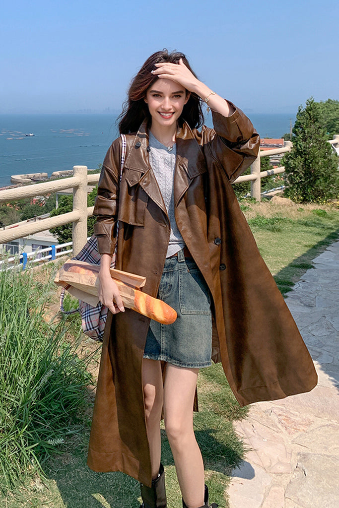 Chic Leather Stand-Collar Belted Trench Coat in Brown  Fibflx