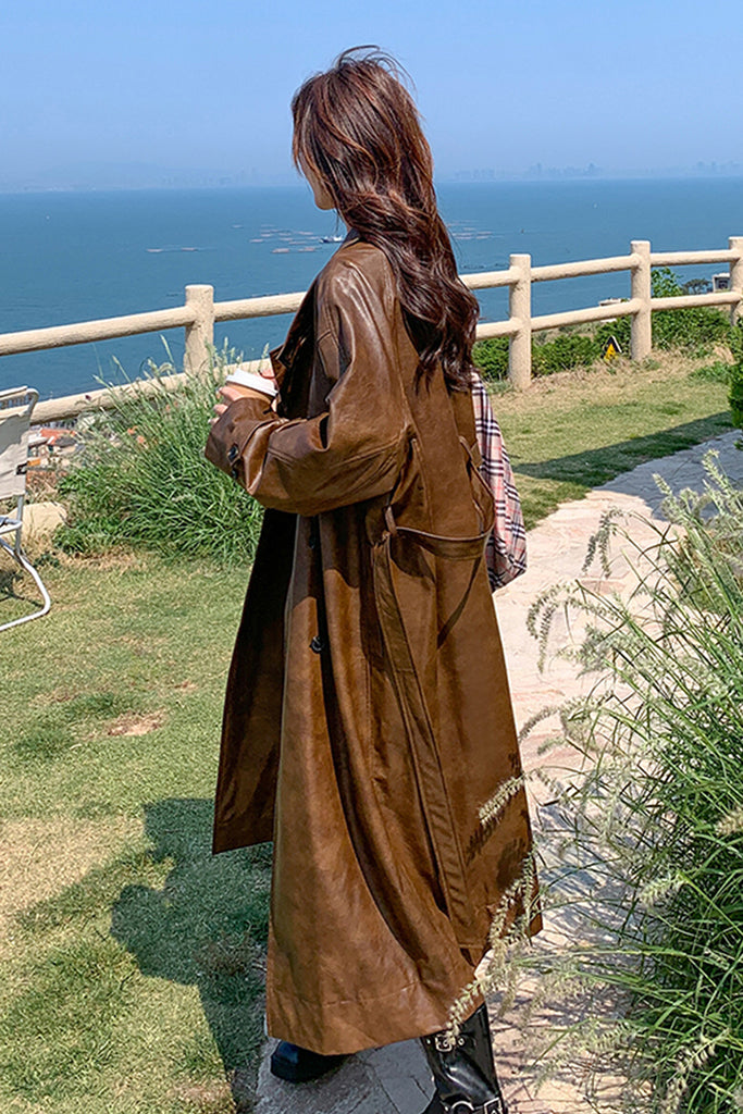 Chic Leather Stand-Collar Belted Trench Coat in Brown  Fibflx