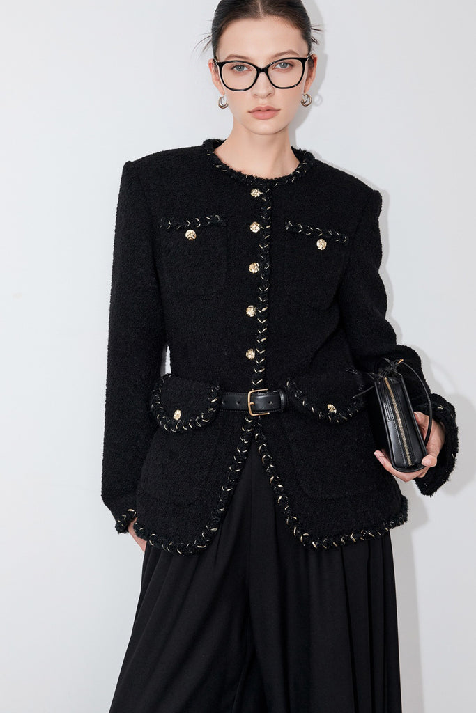 Chic Wool Tweed Braided-Trim Belted Jacket  Fibflx
