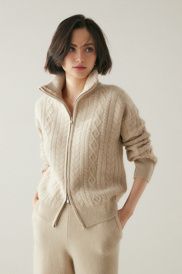 Fibflx Women's Chunky 100 Cashmere Cable-Knit Double-Zip Cardigan