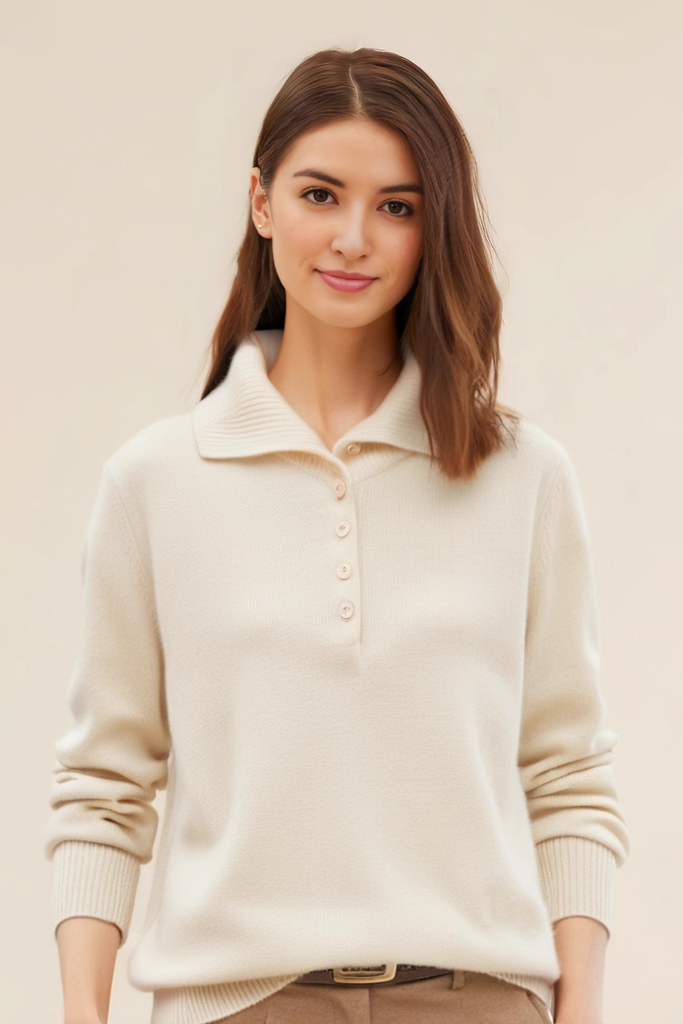 Fibflx Women's Chunky 100 Cashmere Polo Collar Sweater