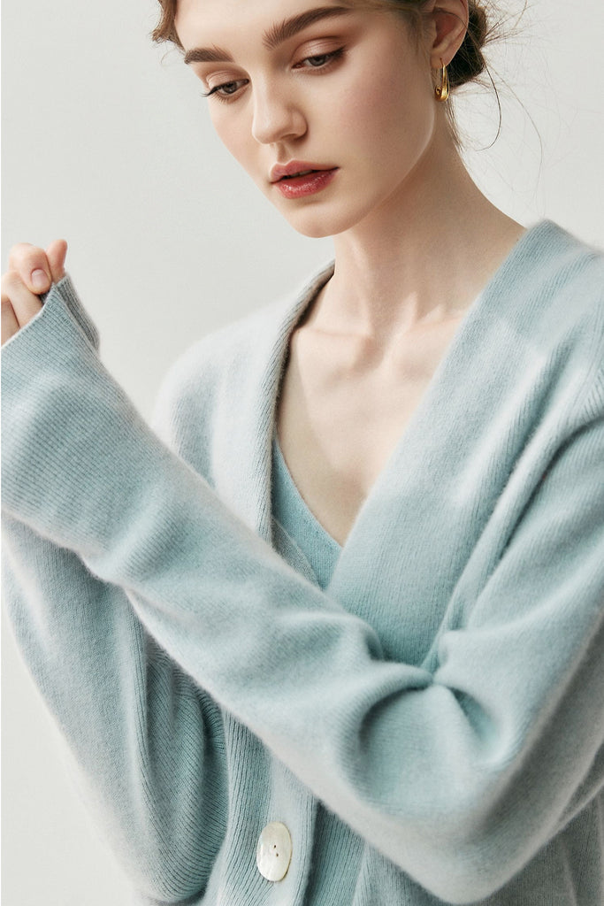 Chunky Knit 100 Cashmere V-Neck Cardigan  Fibflx