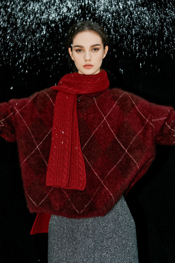 Chunky Brushed Cashmere Argyle Crewneck Sweater  Fibflx