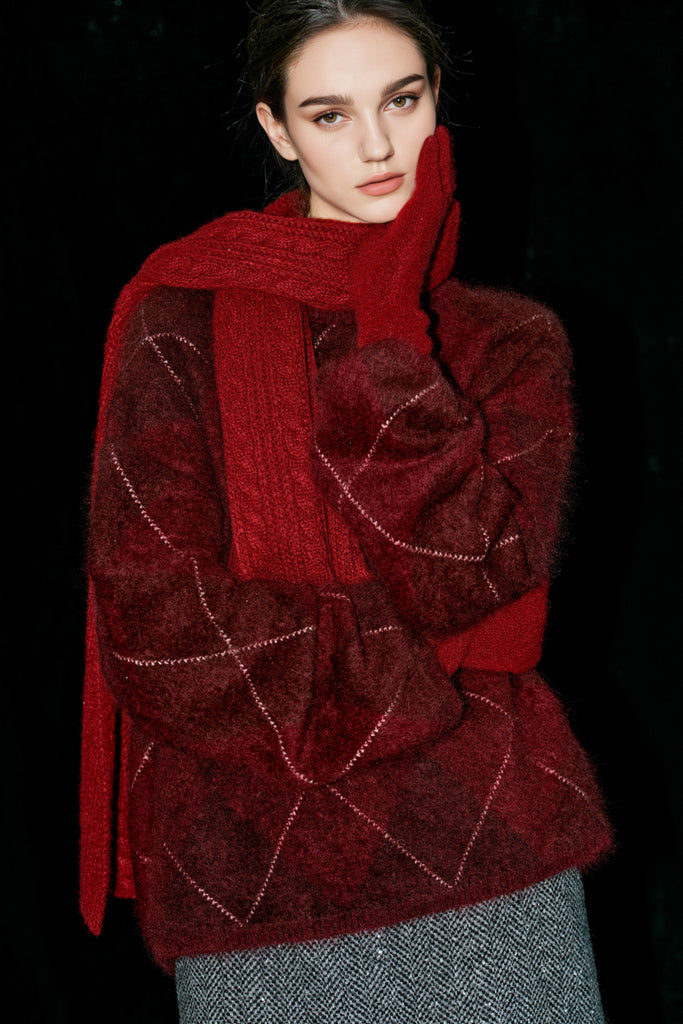 Chunky Brushed Cashmere Argyle Crewneck Sweater  Fibflx