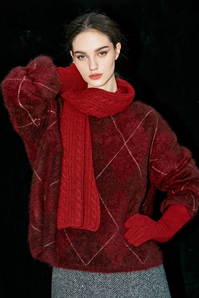 Chunky Brushed Cashmere Argyle Crewneck Sweater  Fibflx