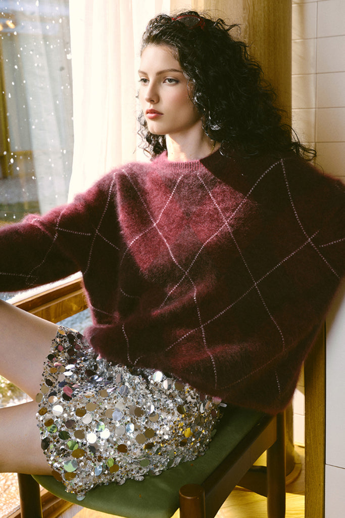 Chunky Brushed Cashmere Argyle Crewneck Sweater  Fibflx