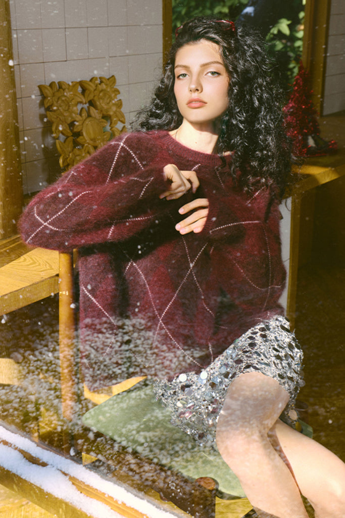 Chunky Brushed Cashmere Argyle Crewneck Sweater  Fibflx