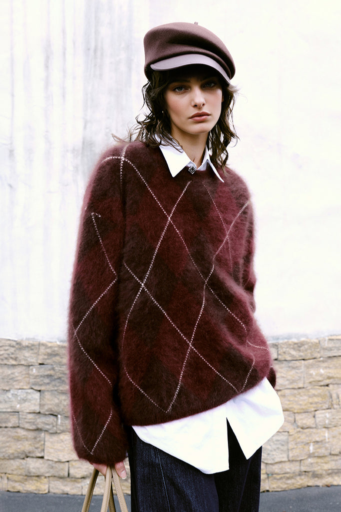 Chunky Brushed Cashmere Argyle Crewneck Sweater  Fibflx