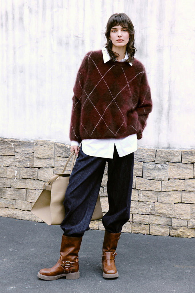 Chunky Brushed Cashmere Argyle Crewneck Sweater  Fibflx