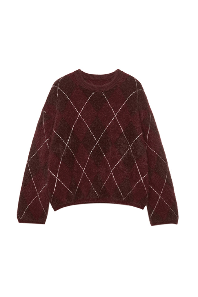 Chunky Brushed Cashmere Argyle Crewneck Sweater  Fibflx