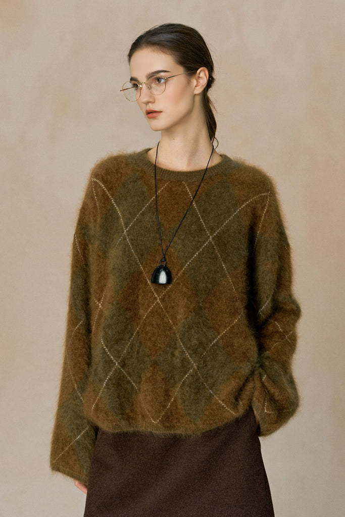 Chunky Brushed Cashmere Argyle Crewneck Sweater Forest Green / One Size (Relaxed fit for S – L) /  Fibflx