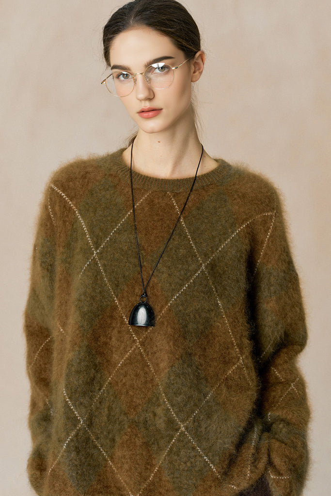 Chunky Brushed Cashmere Argyle Crewneck Sweater  Fibflx