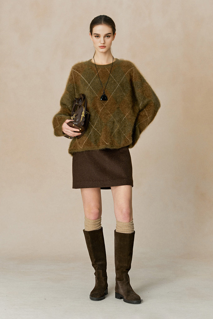Chunky Brushed Cashmere Argyle Crewneck Sweater  Fibflx