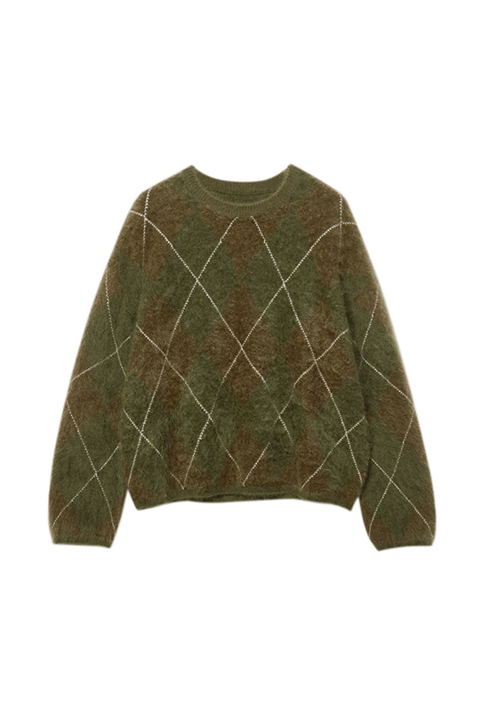 Chunky Brushed Cashmere Argyle Crewneck Sweater  Fibflx