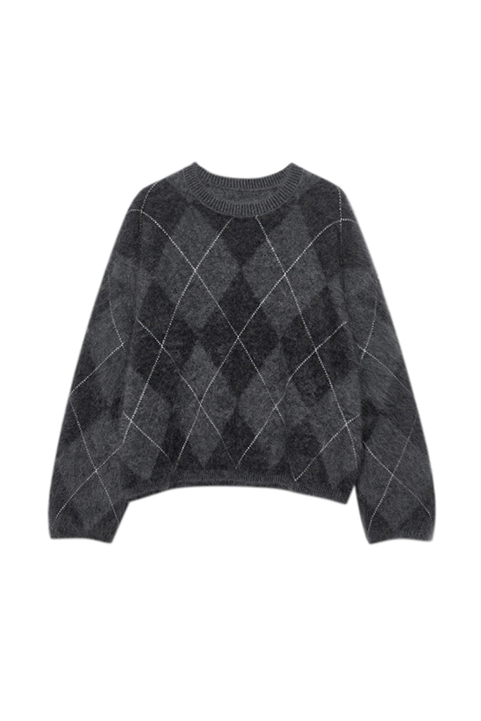 Chunky Brushed Cashmere Argyle Crewneck Sweater  Fibflx