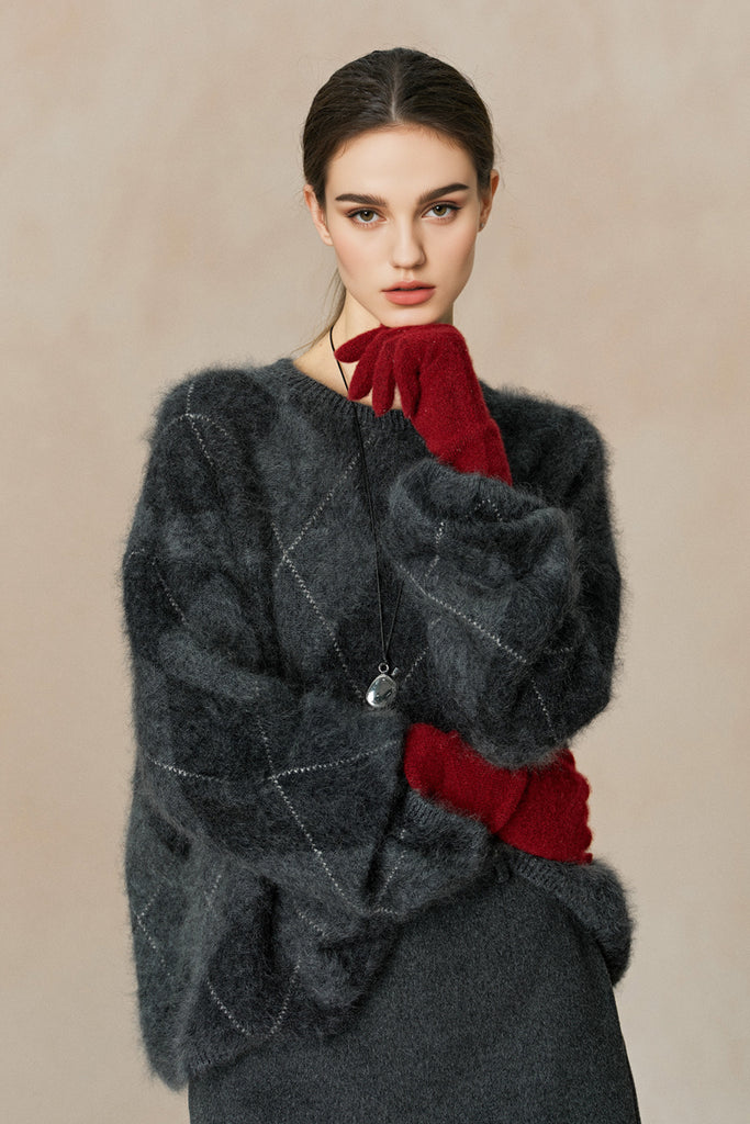 Chunky Brushed Cashmere Argyle Crewneck Sweater  Fibflx