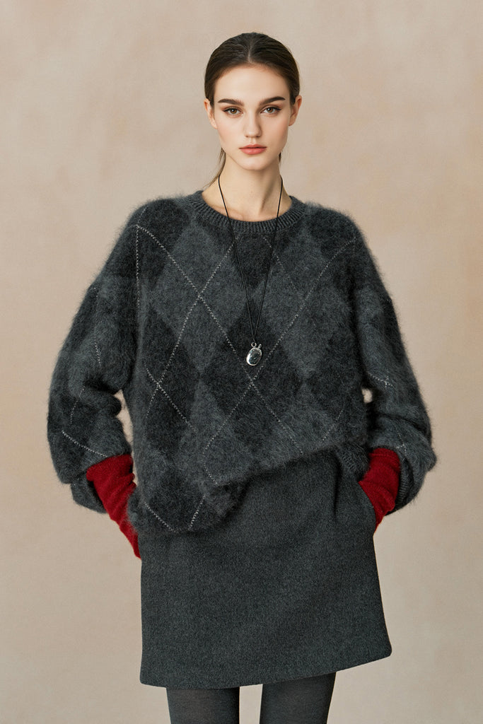 Chunky Brushed Cashmere Argyle Crewneck Sweater  Fibflx