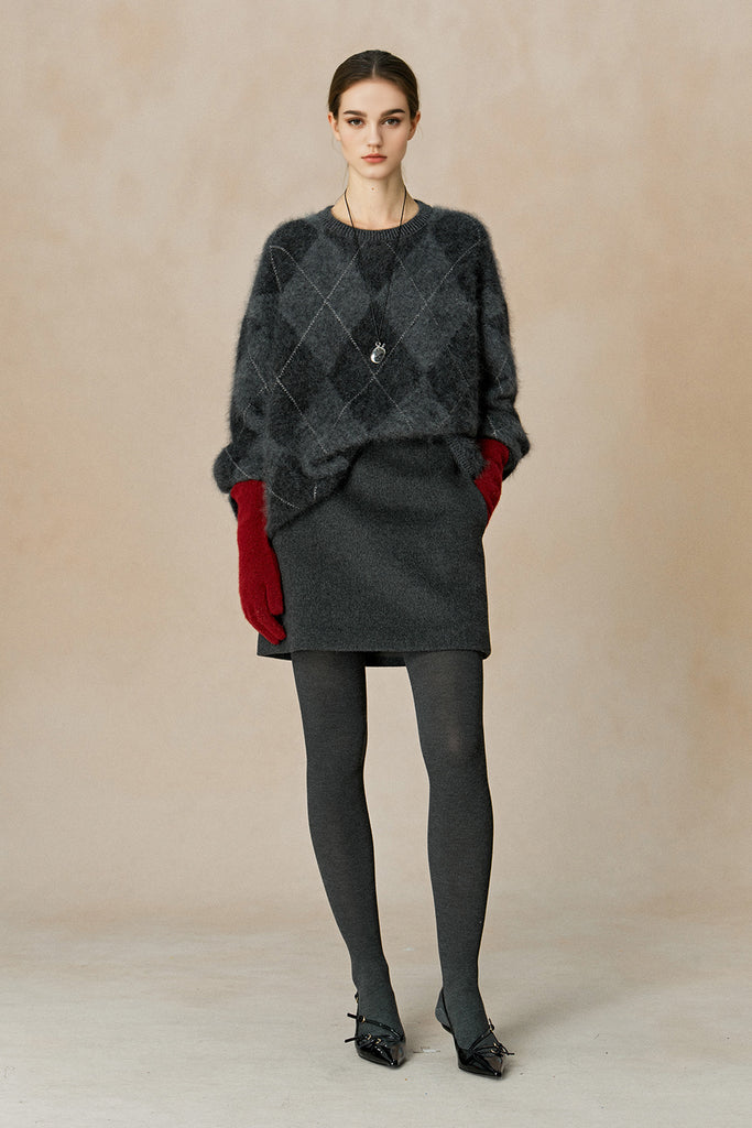 Chunky Brushed Cashmere Argyle Crewneck Sweater  Fibflx