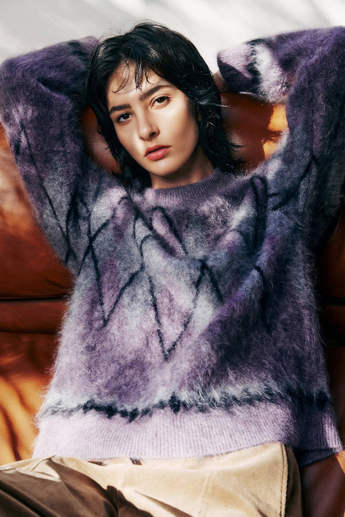 Chunky Brushed Cashmere Argyle Crewneck Sweater in Purple  Fibflx