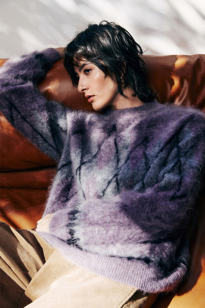 Chunky Brushed Cashmere Argyle Crewneck Sweater in Purple  Fibflx