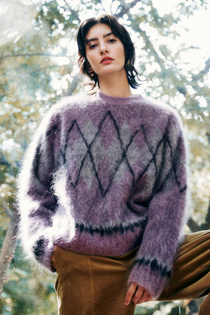 Chunky Brushed Cashmere Argyle Crewneck Sweater in Purple  Fibflx