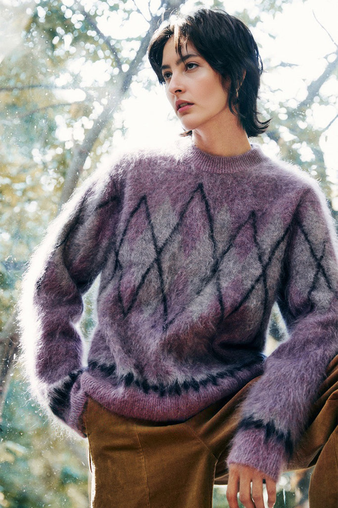 Chunky Brushed Cashmere Argyle Crewneck Sweater in Purple  Fibflx