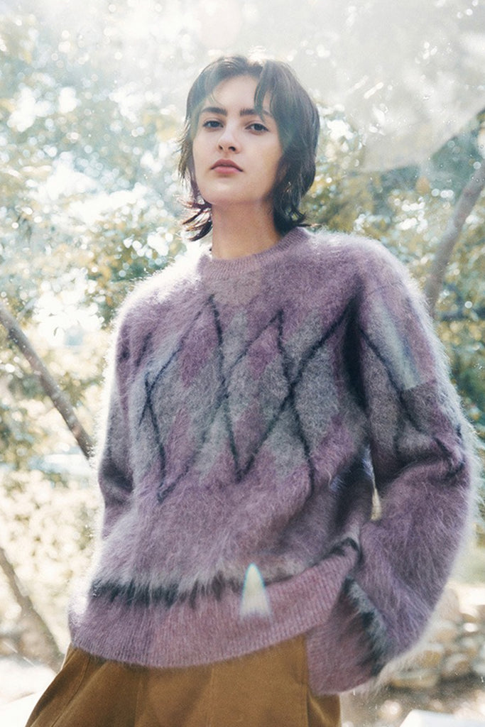 Chunky Brushed Cashmere Argyle Crewneck Sweater in Purple  Fibflx