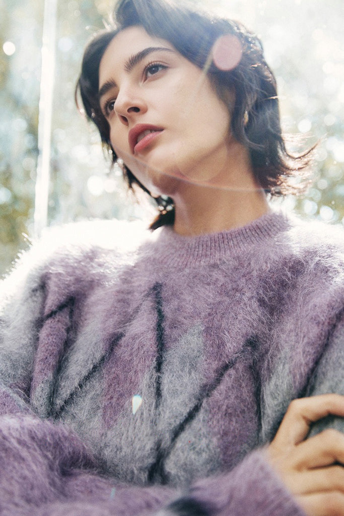 Chunky Brushed Cashmere Argyle Crewneck Sweater in Purple  Fibflx