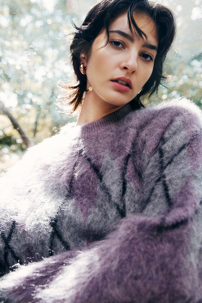 Chunky Brushed Cashmere Argyle Crewneck Sweater in Purple  Fibflx