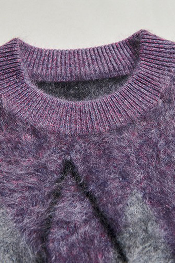 Chunky Brushed Cashmere Argyle Crewneck Sweater in Purple  Fibflx
