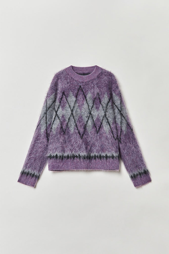 Chunky Brushed Cashmere Argyle Crewneck Sweater in Purple  Fibflx