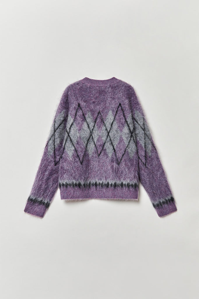 Chunky Brushed Cashmere Argyle Crewneck Sweater in Purple  Fibflx