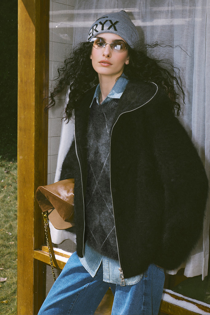 Chunky Brushed Cashmere Double-Zip Hooded Jacket Black / One Size / 100% Cashmere (Weight: 1200g (± Fibflx