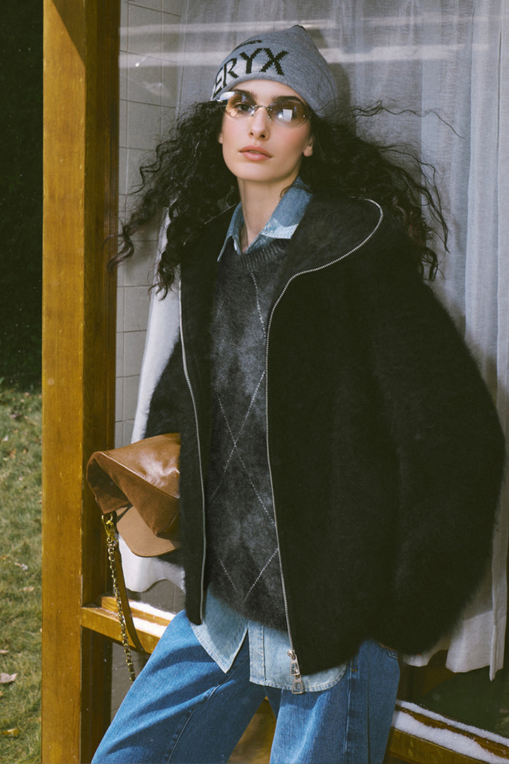 Chunky Brushed Cashmere Double-Zip Hooded Jacket Black / One Size / 100% Cashmere (Weight: 1200g (± Fibflx
