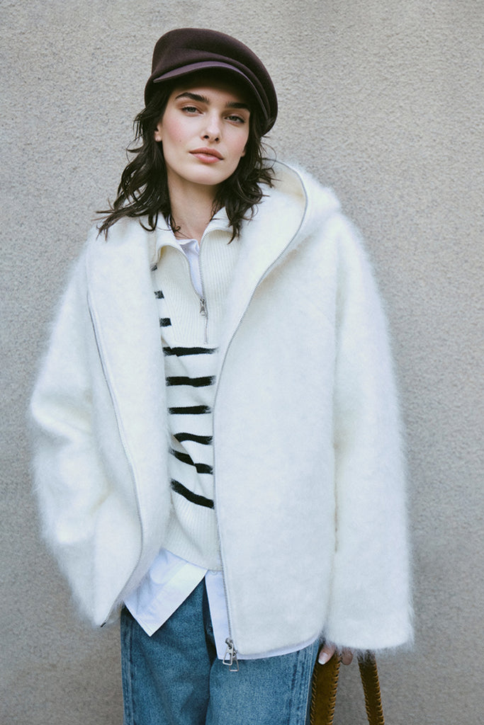 Chunky Brushed Cashmere Double-Zip Hooded Jacket  Fibflx